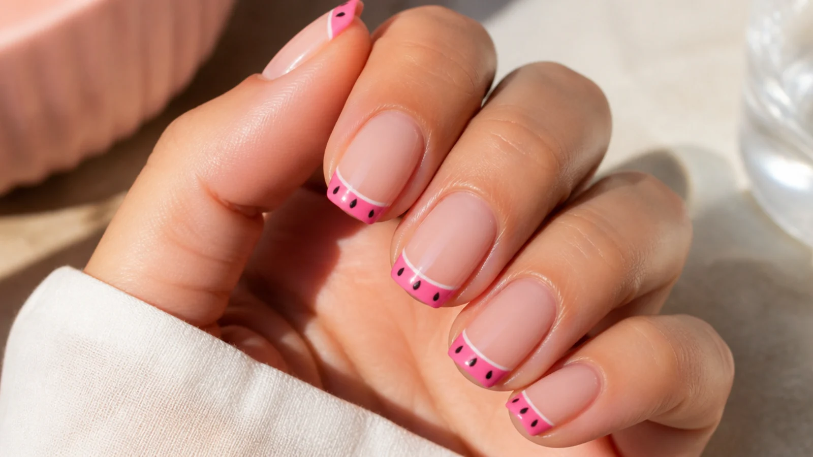 Nails with a pink watermelon tip, thin white line and small black seed dots near the free edge