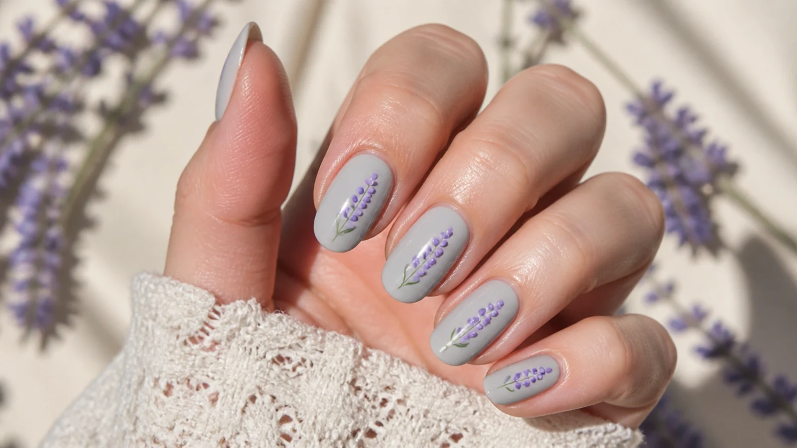 Pale gray nails with small lavender flowers made of stacked dots running up each nail
