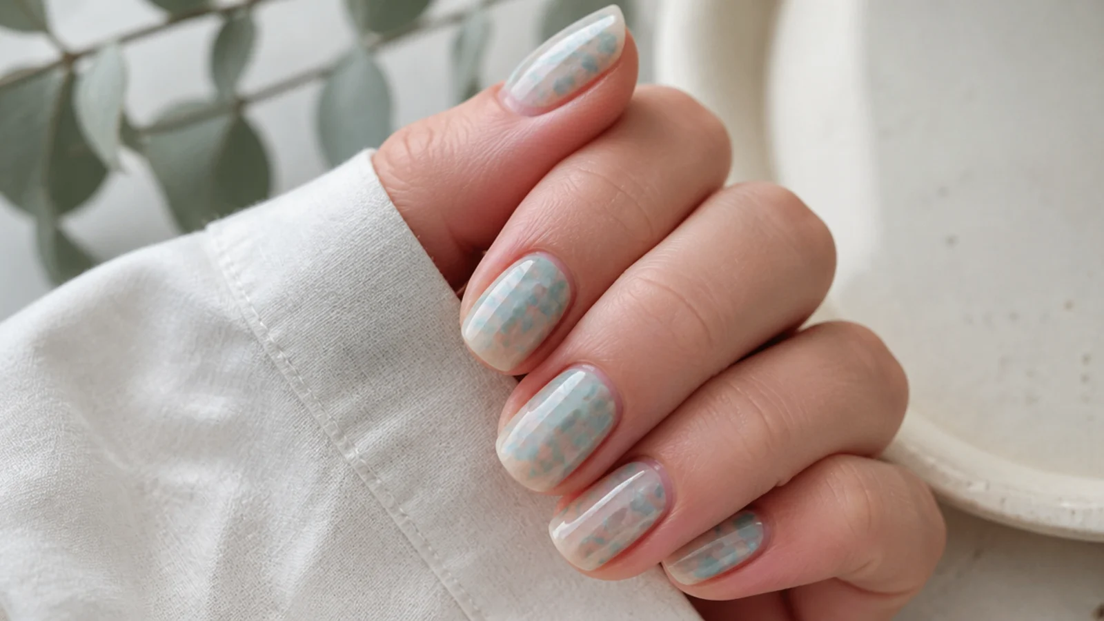 Sheer seafoam nails with clustered translucent dots in pale green and blue like sea glass
