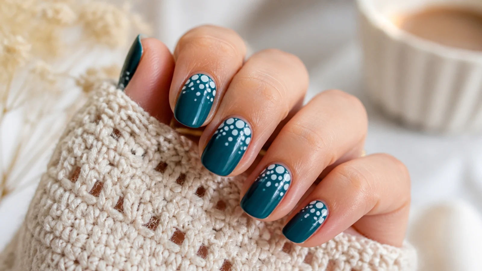 Deep teal nails with white dots of different sizes rising from the cuticle like bubbles