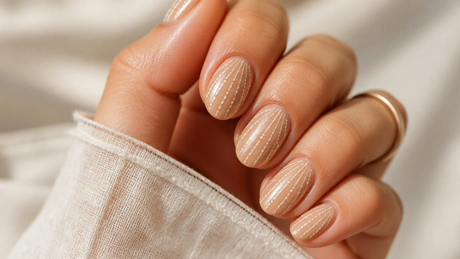 Warm sand beige nails with small cream dots and short dragged lines like shell ridges