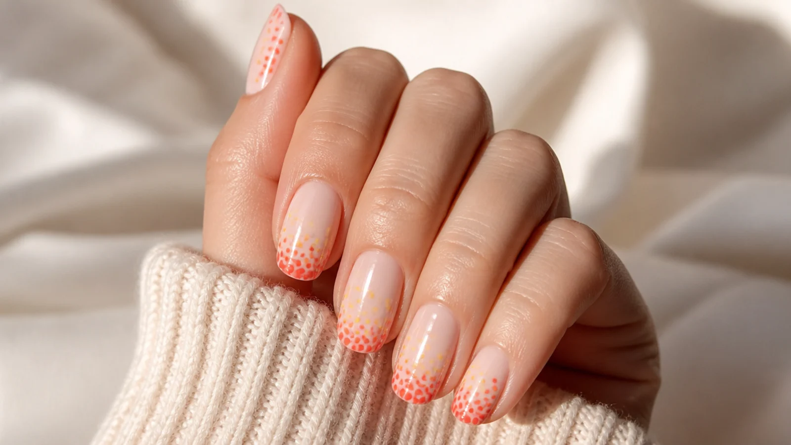 Nails with dense coral dots at the tip fading to sparse yellow dots near the cuticle