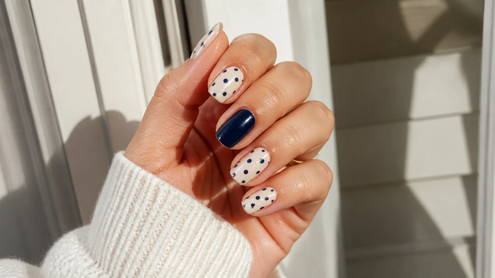 Cream nails with navy blue dots and one nail in solid navy for a nautical accent
