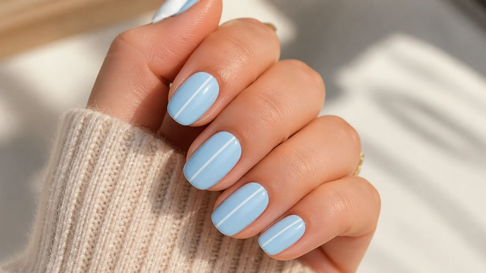 Baby blue nails each with one thin white vertical line drawn down the center