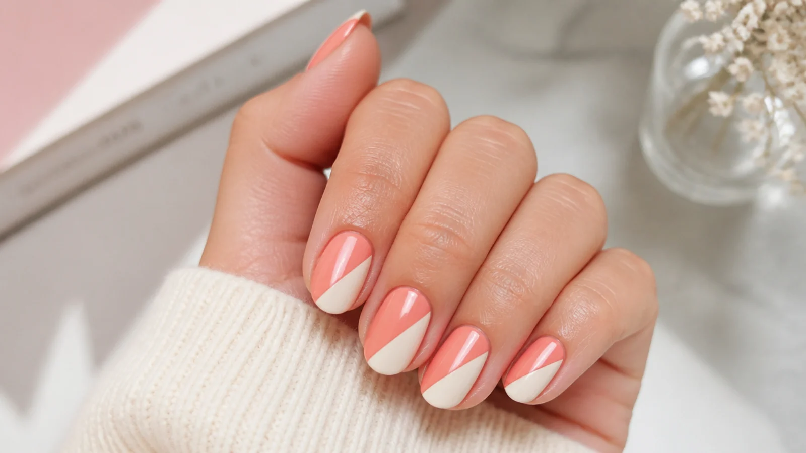 Nails split diagonally into coral and cream halves with a clean straight color block edge