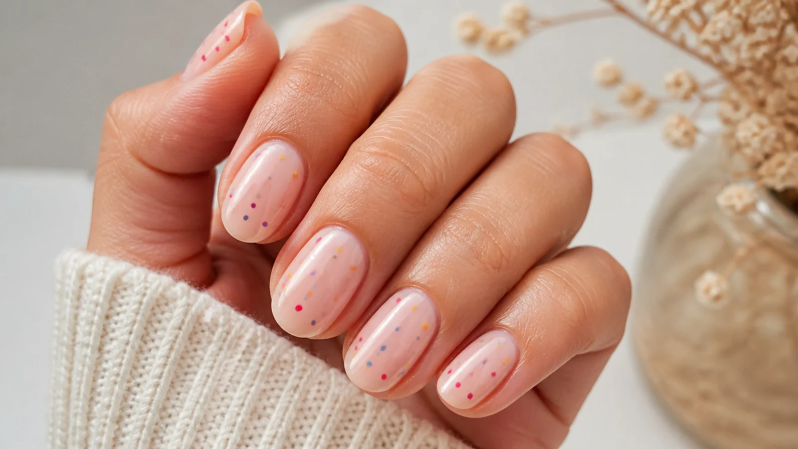 Sheer nude nails scattered with small dots in coral pink yellow and blue like confetti