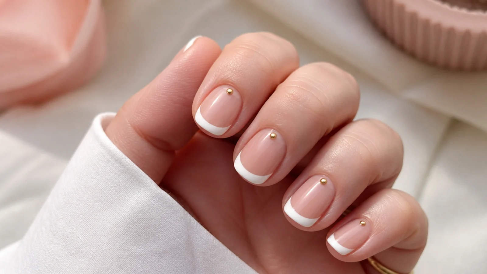 Short nails with a bare base, painted white tips and a single gold dot at each cuticle