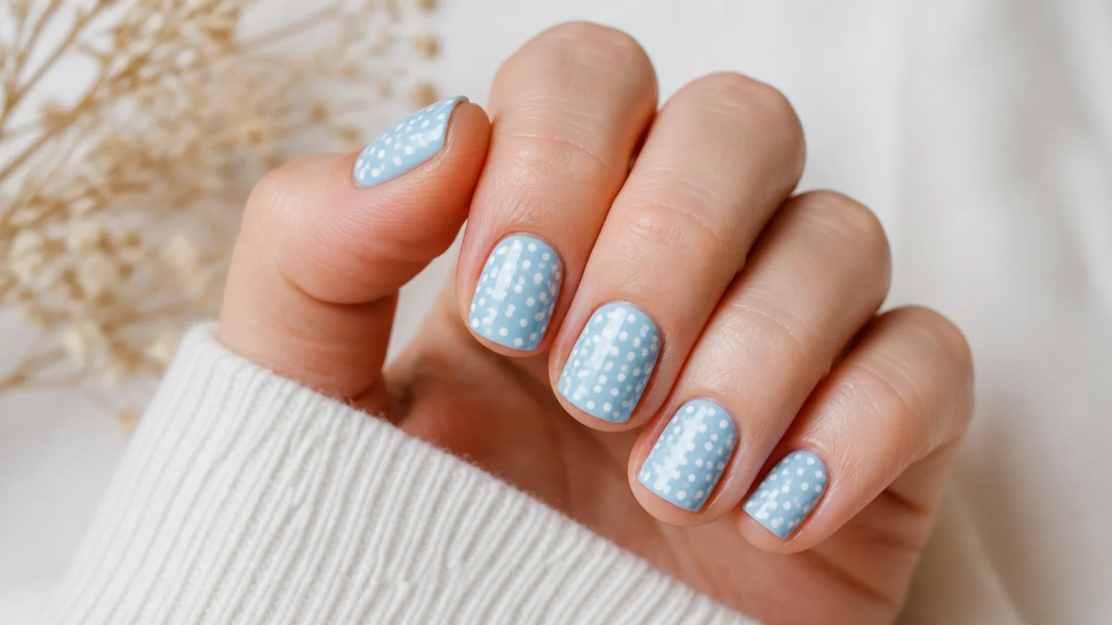 Short square nails in sky blue with even white polka dots painted at home with a dotting tool