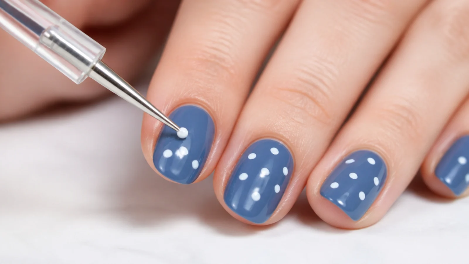 Close-up of a dotting tool touching a nail to place a small white dot on a blue base