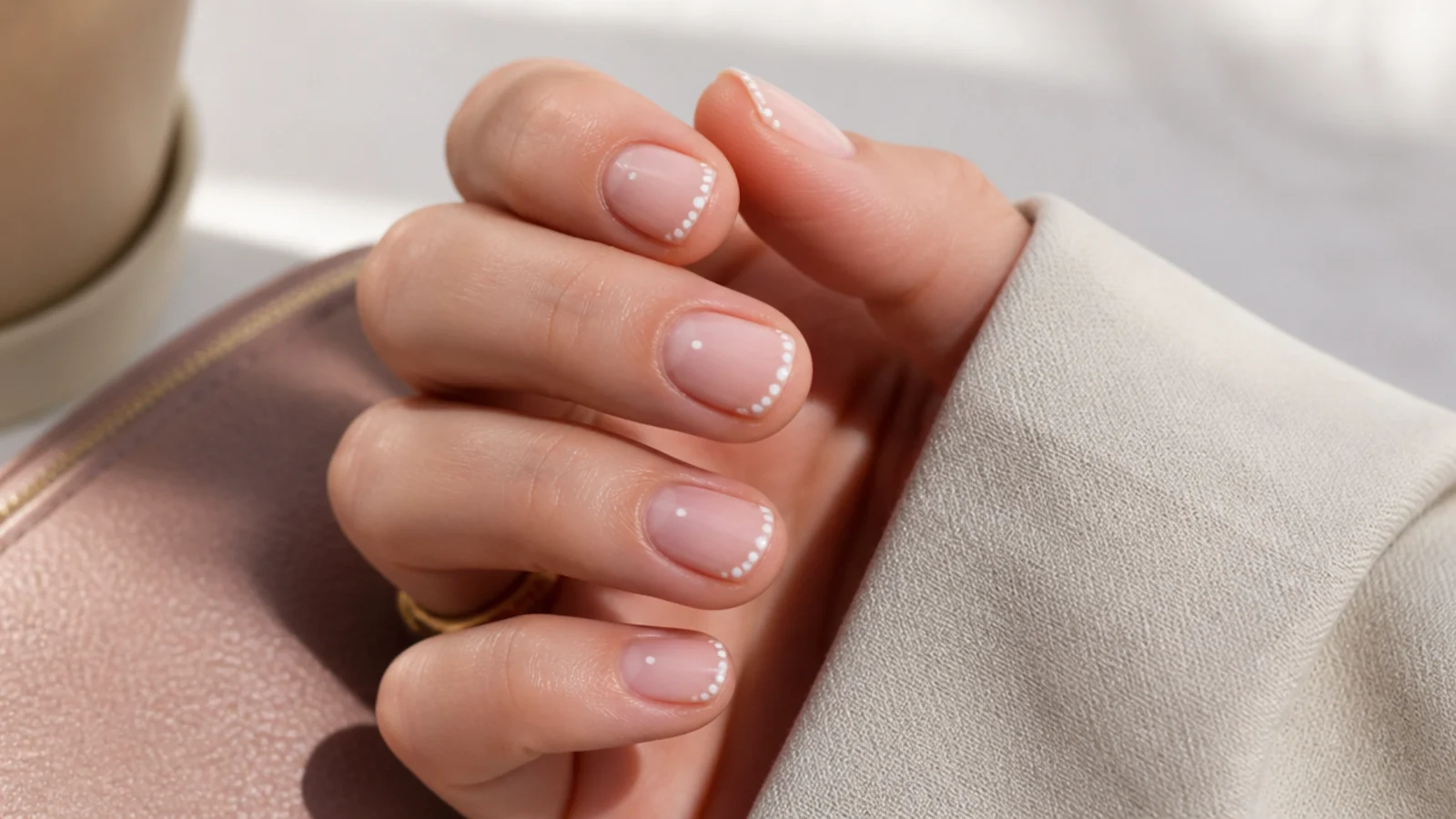 Very short natural nails with small white dots and a dotted French tip on a pale base
