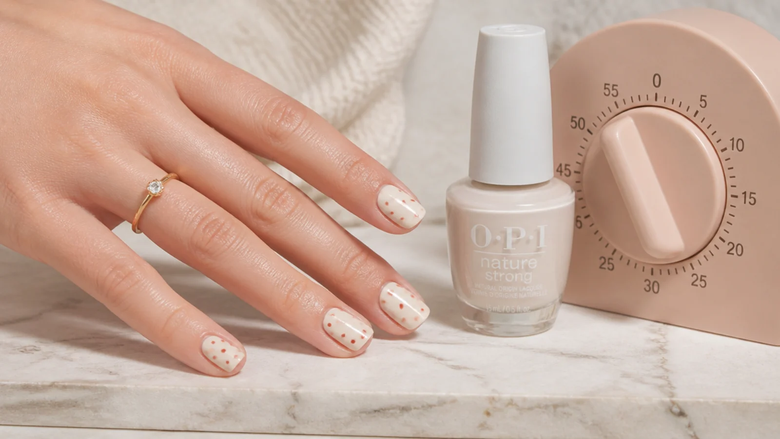 Hand with freshly painted dotted summer nails resting beside a polish bottle and a timer
