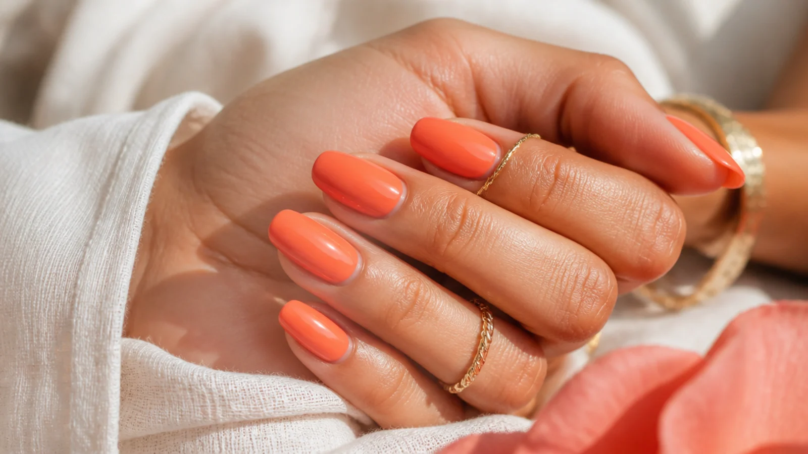 Bright coral orange-pink nails on a sun-kissed hand with a glossy finish