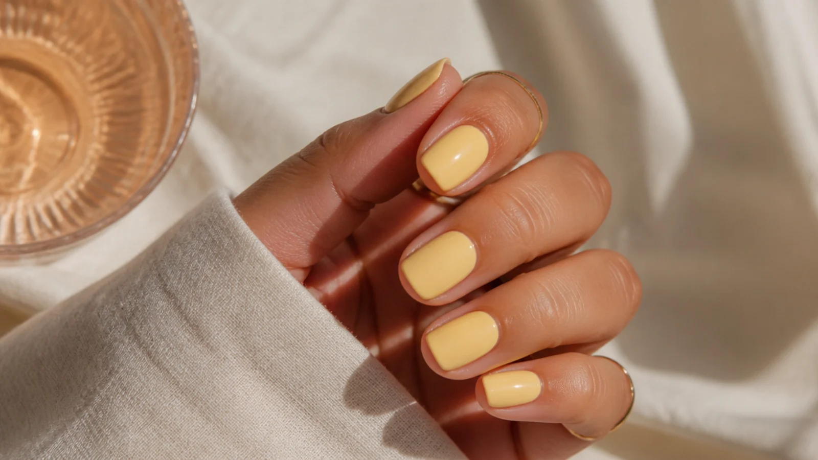 Soft butter yellow nails on a tanned hand in a creamy pastel finish