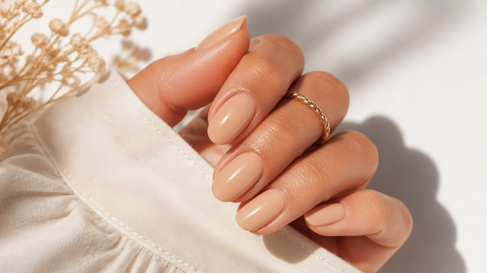 Peachy beige nude nails on a tanned hand with a soft warm glow