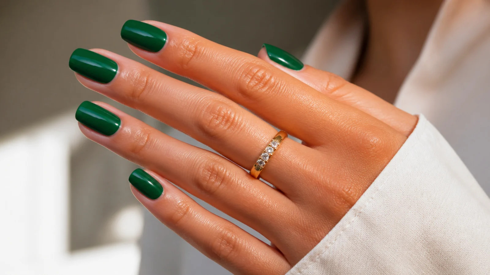 Jewel emerald green nails on a tanned hand with a glossy jewel-tone finish