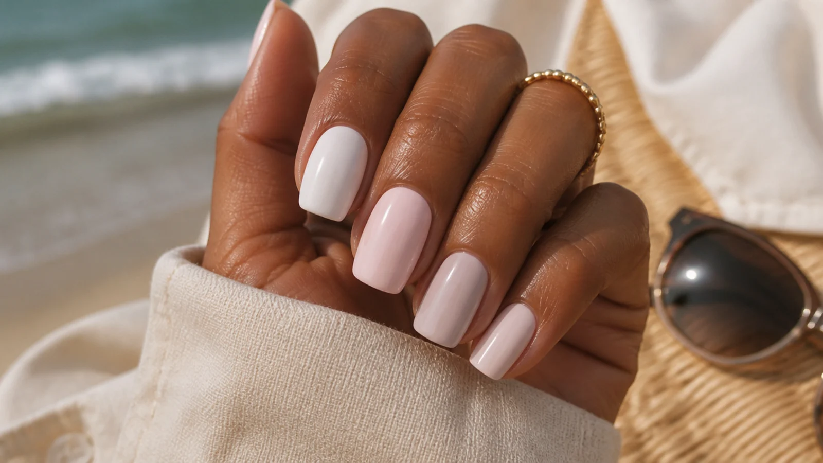 Pale milky pastel swatches shown looking washed out against a deep tan