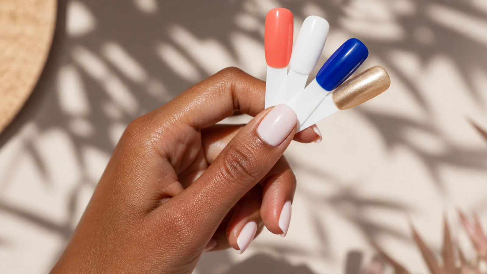 Coral, white, cobalt and gold nail swatches fanned out on a deeply tanned hand