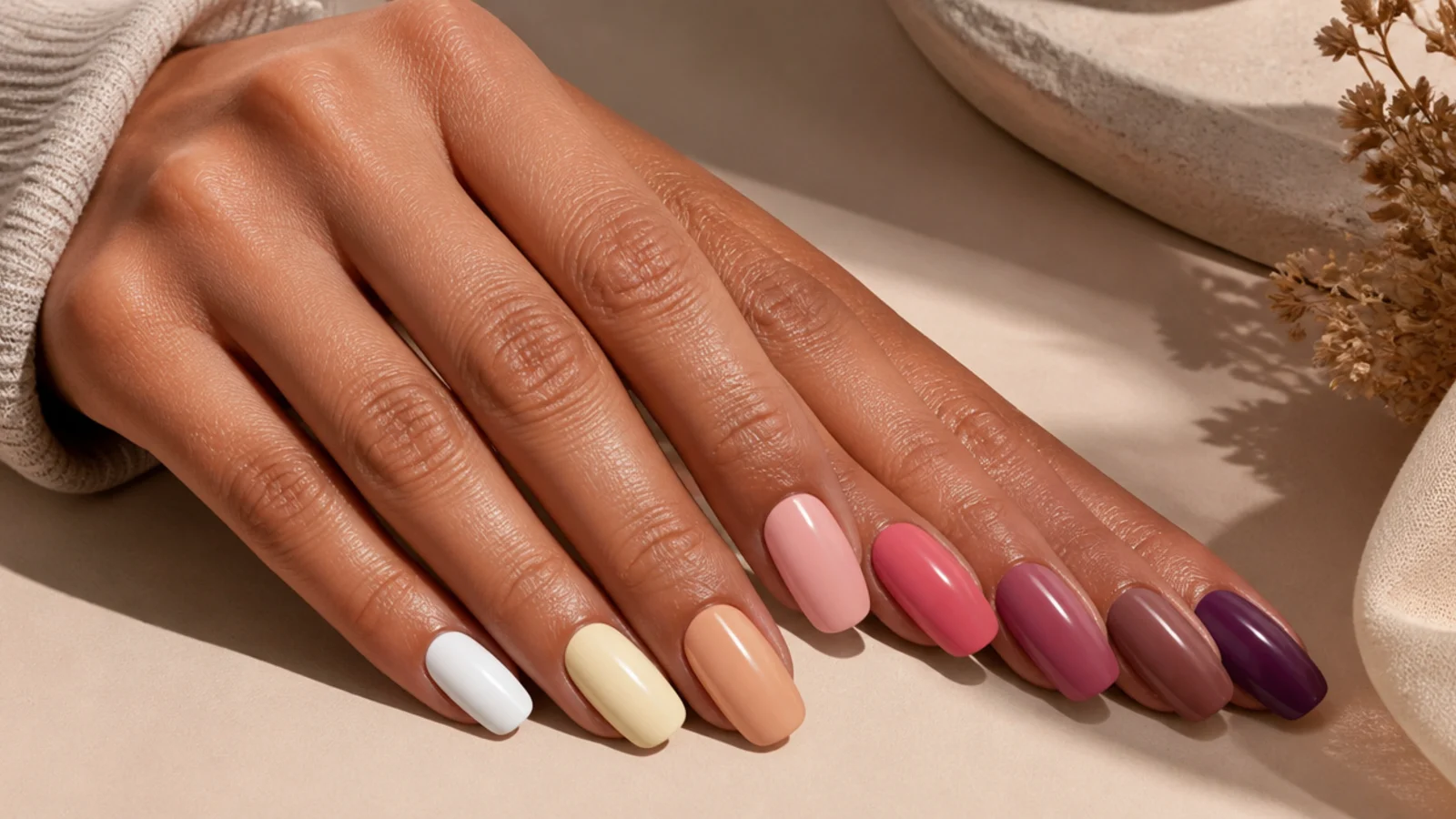 Twelve summer nail color swatches on tan skin from vivid white to plum lined up on a warm background