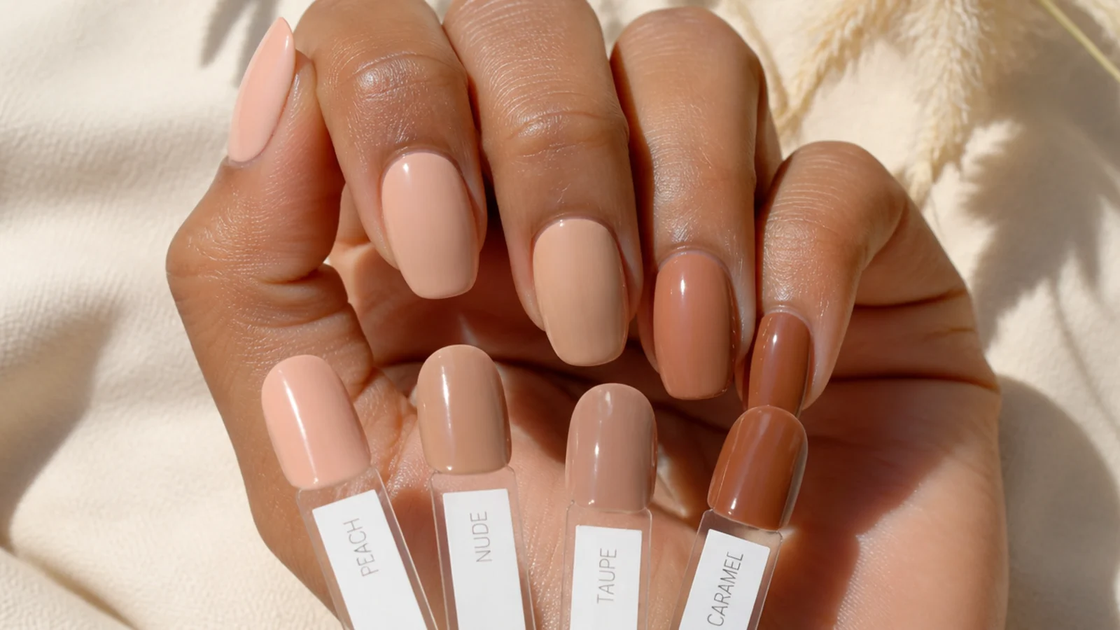Four nude polish swatches from peach to deep caramel compared on a tanned hand