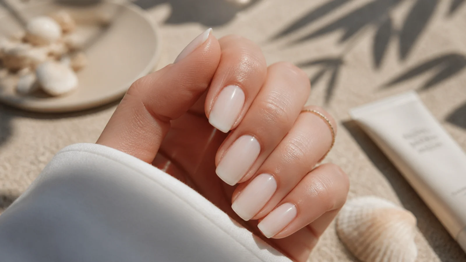 Milky white squoval gel nails showing a faint cream tint after sunscreen use