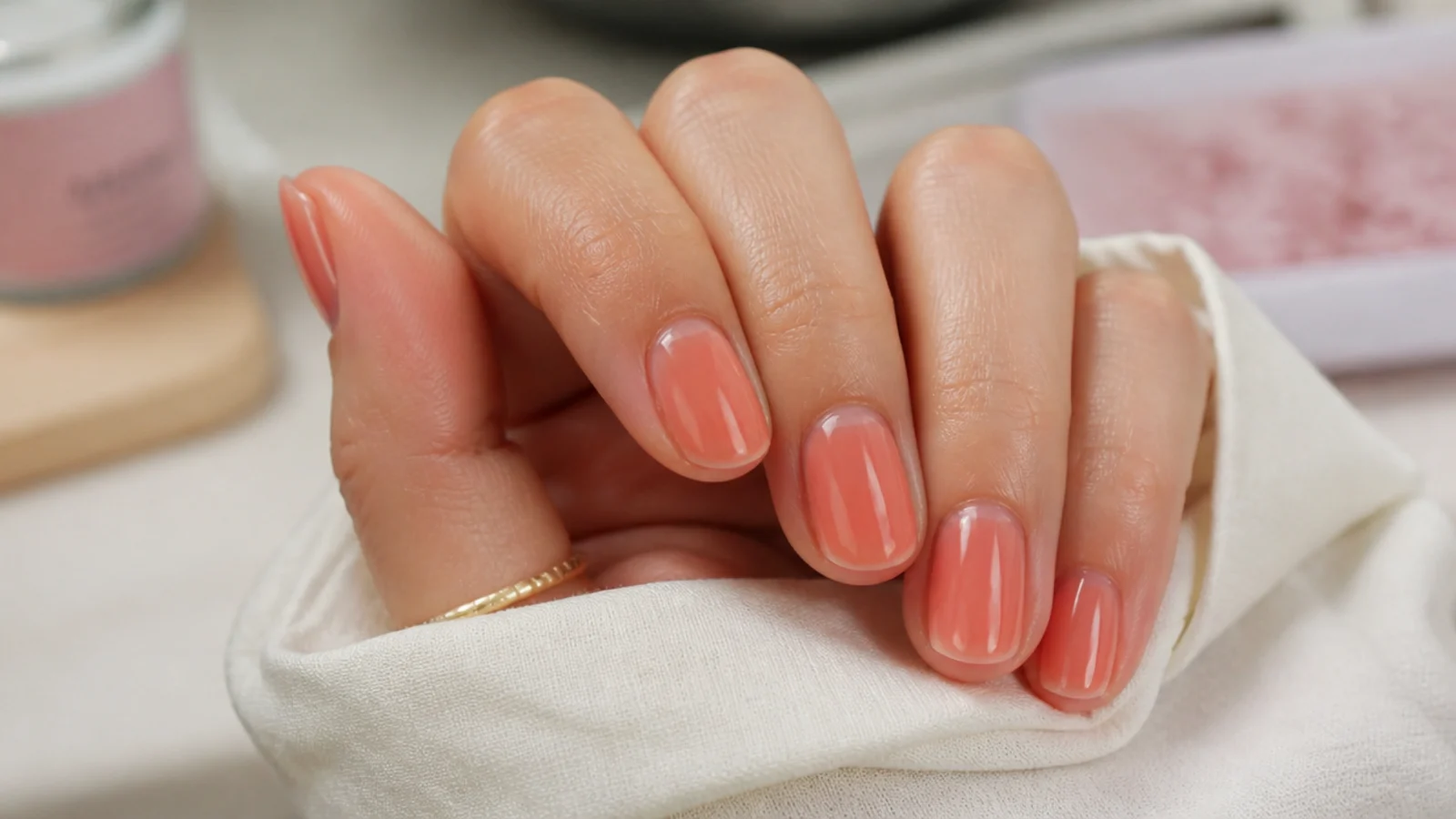 Translucent coral jelly short nails with the natural nail visible through a glossy tint