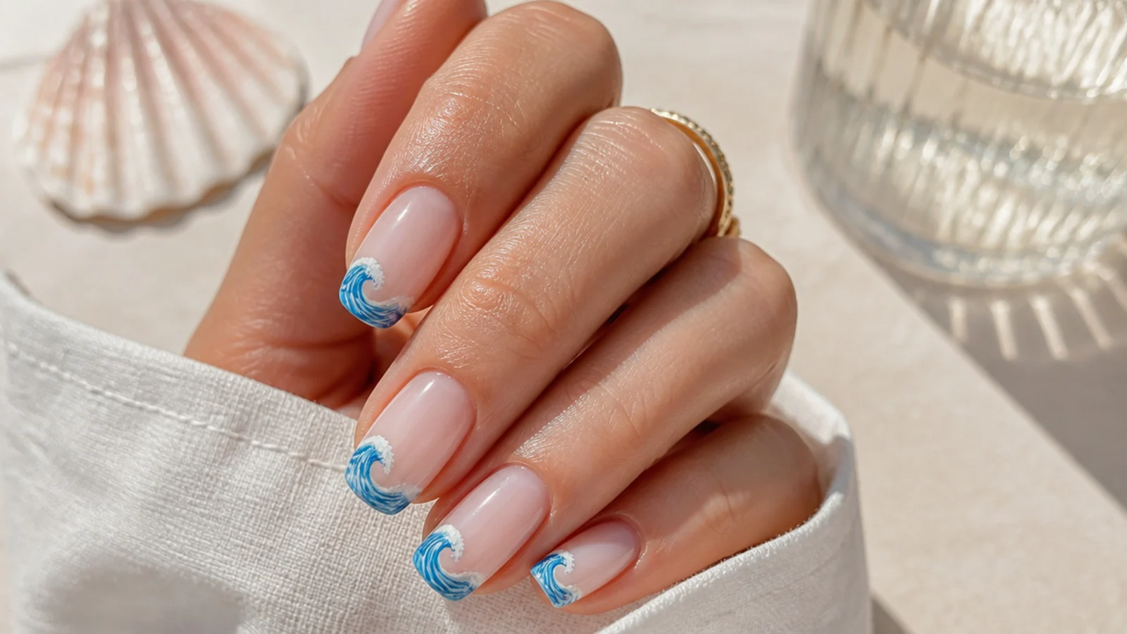 Milky base nails with hand-painted blue and white ocean wave French tips