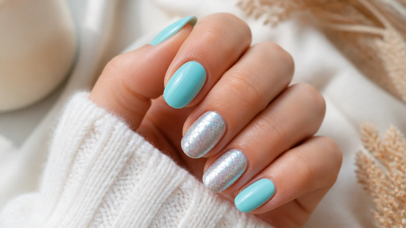 Aqua gel nails with two silver chrome mermaid accent nails catching the light