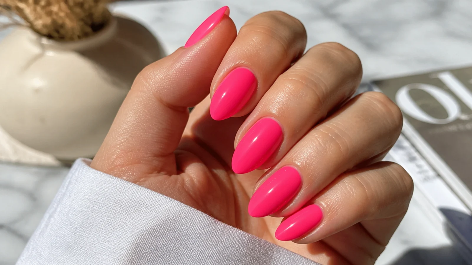 Bright hot pink neon dip powder nails on a medium almond shape