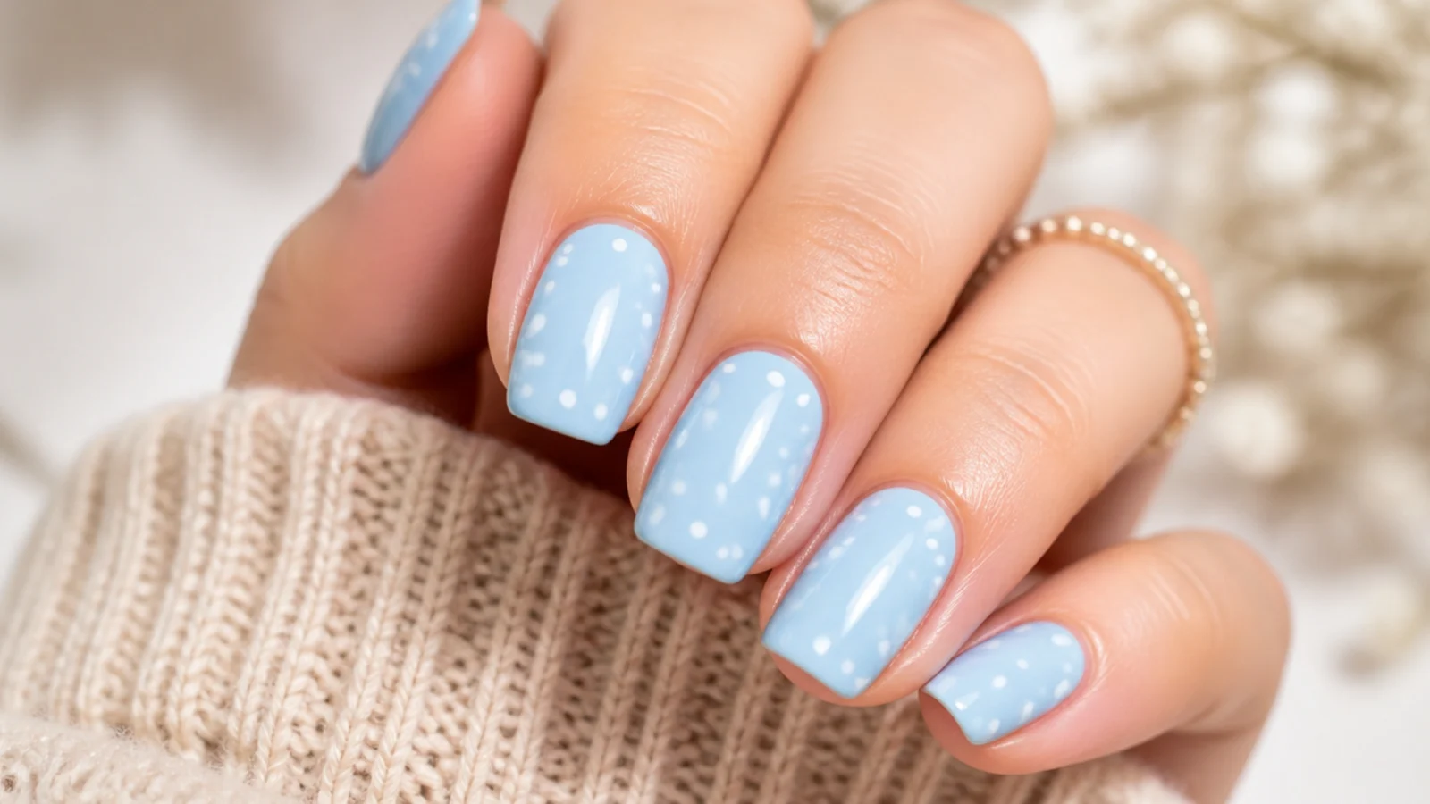 Sky blue nails with tiny white polka dots made with a dotting tool