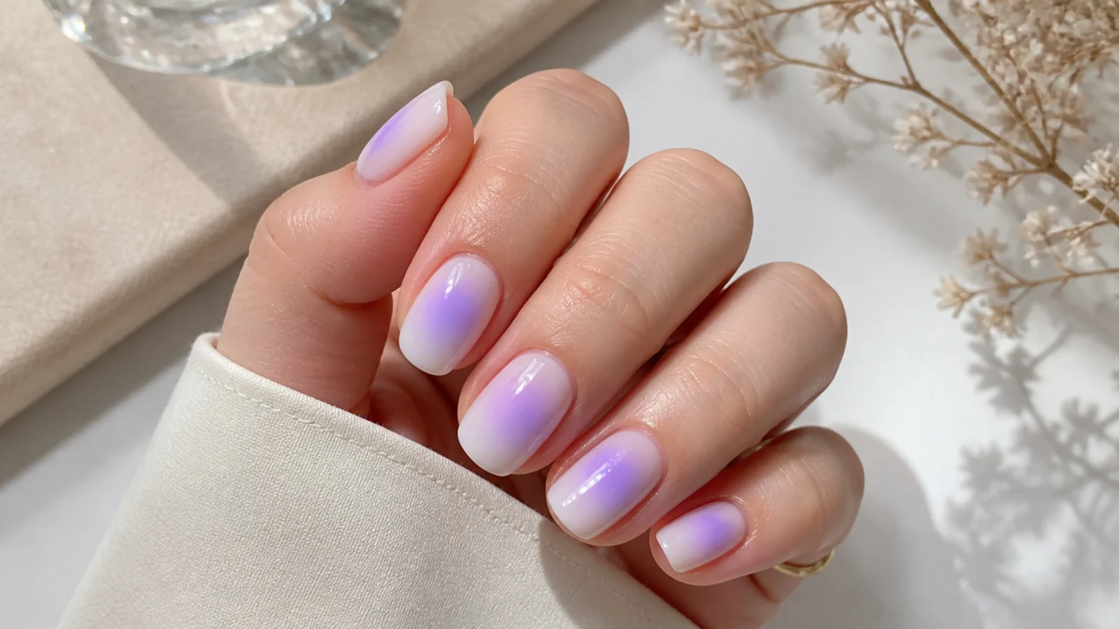 Pale nails with a soft lilac aura halo airbrushed into the center of each nail