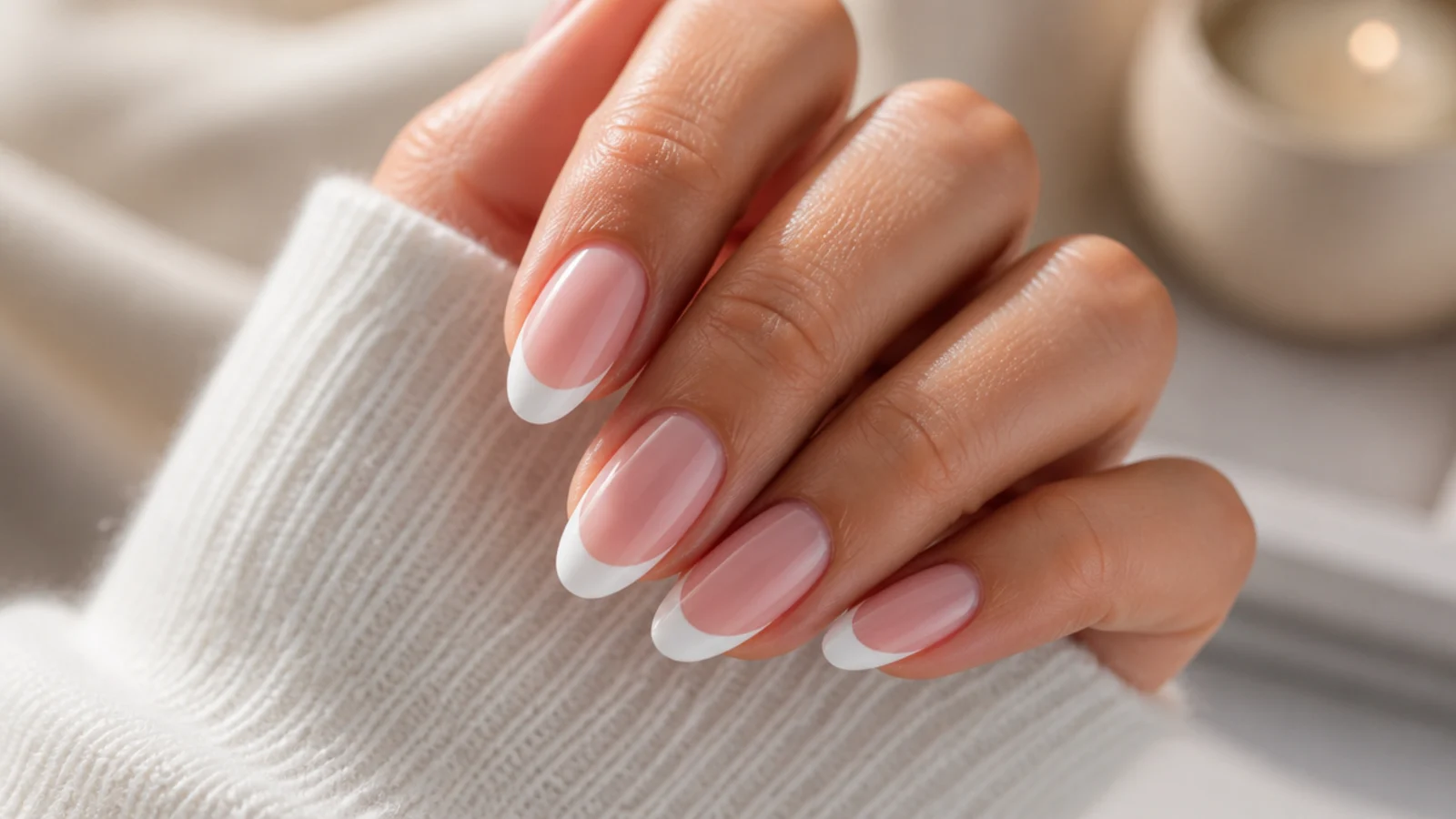 Classic white French tip gel nails with a crisp smile line on a sheer pink base