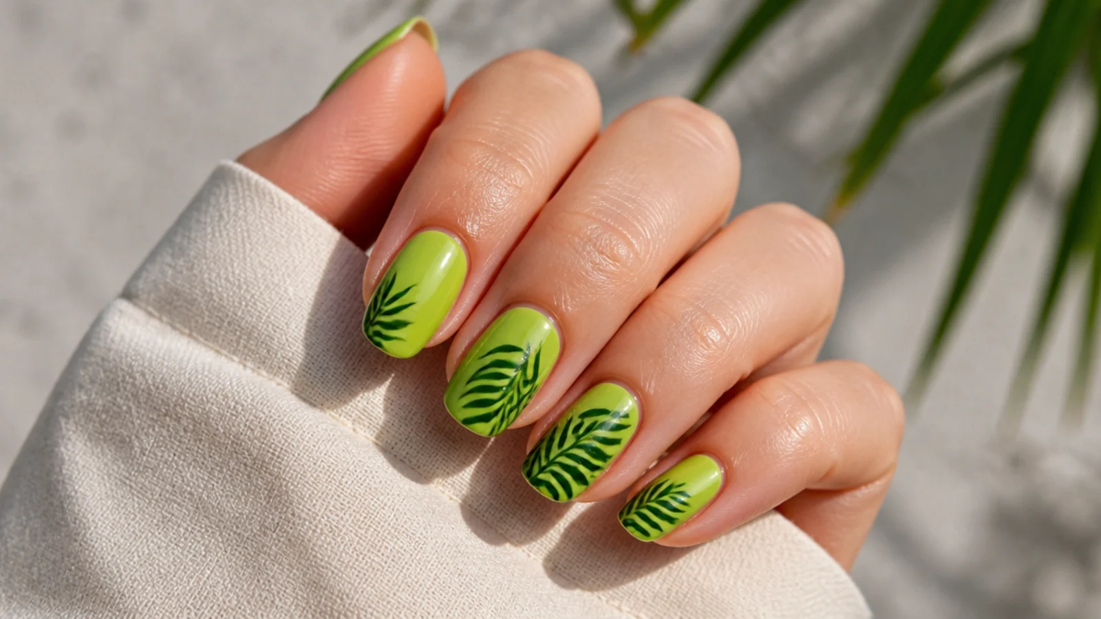Lime green nails with hand-painted dark green palm leaf accents under glossy top coat