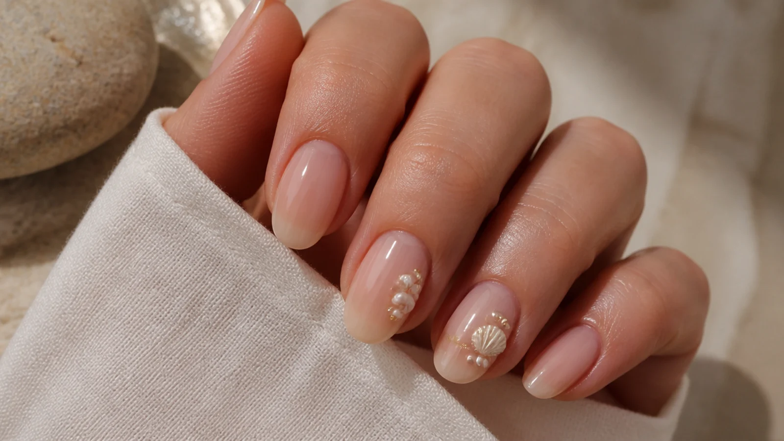 Sheer nude nails with tiny 3D seashell and pearl charms on two accent nails