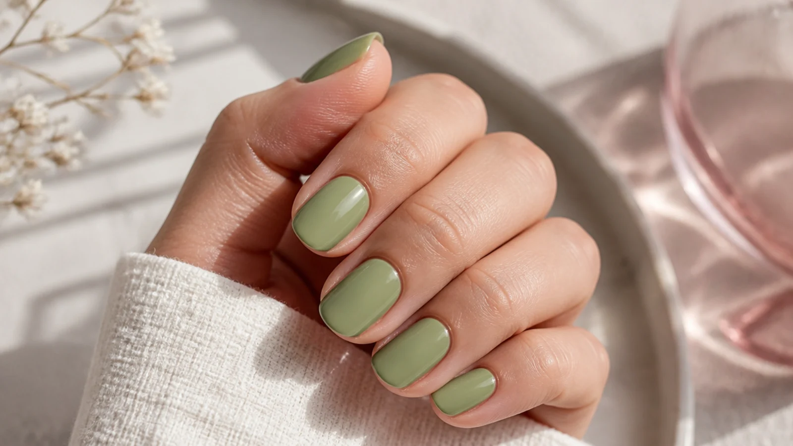Soft matcha green cream gel nails on a short almond shape with a glossy finish