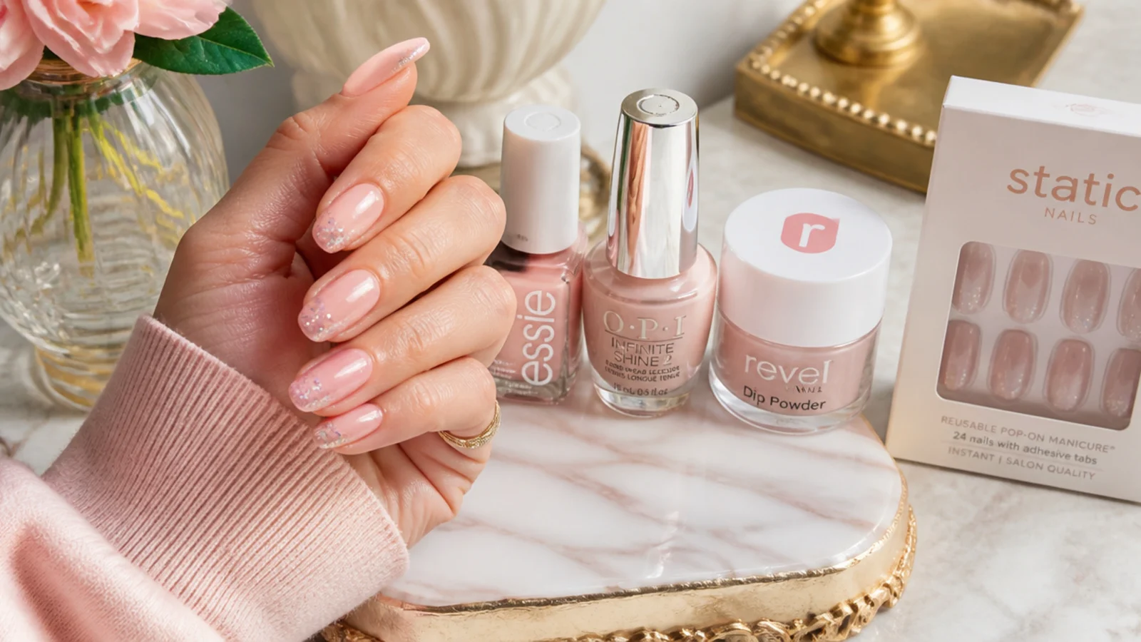 Bottles of Essie and OPI polish beside a dip powder jar and a press-on box