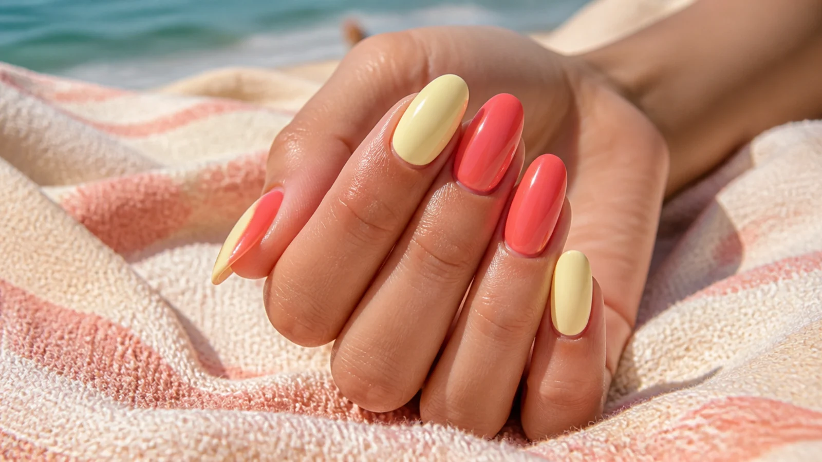 Butter yellow and coral jelly summer nails on an almond shape held against a beach towel