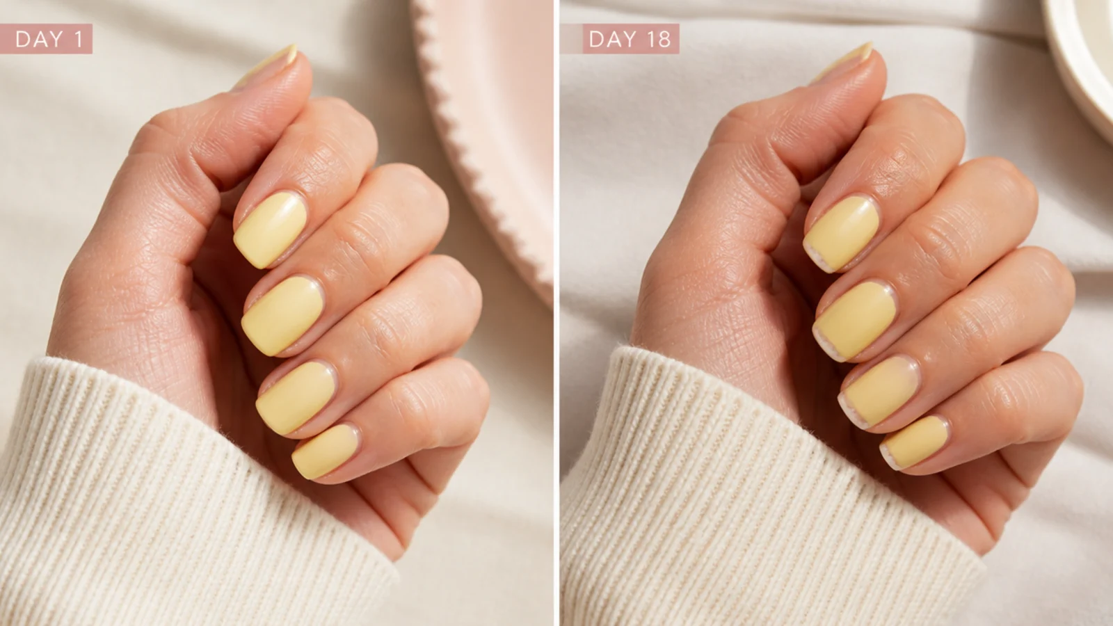A butter yellow gel manicure at day one and day eighteen showing light tip wear
