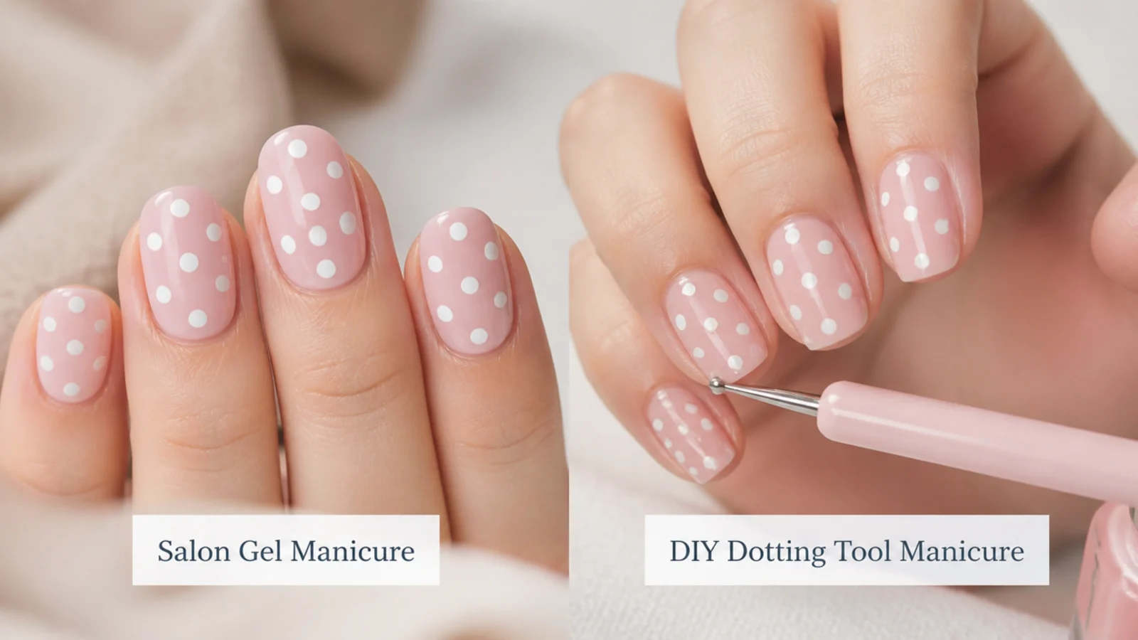 A salon gel manicure beside a DIY dotting-tool polka dot manicure for comparison