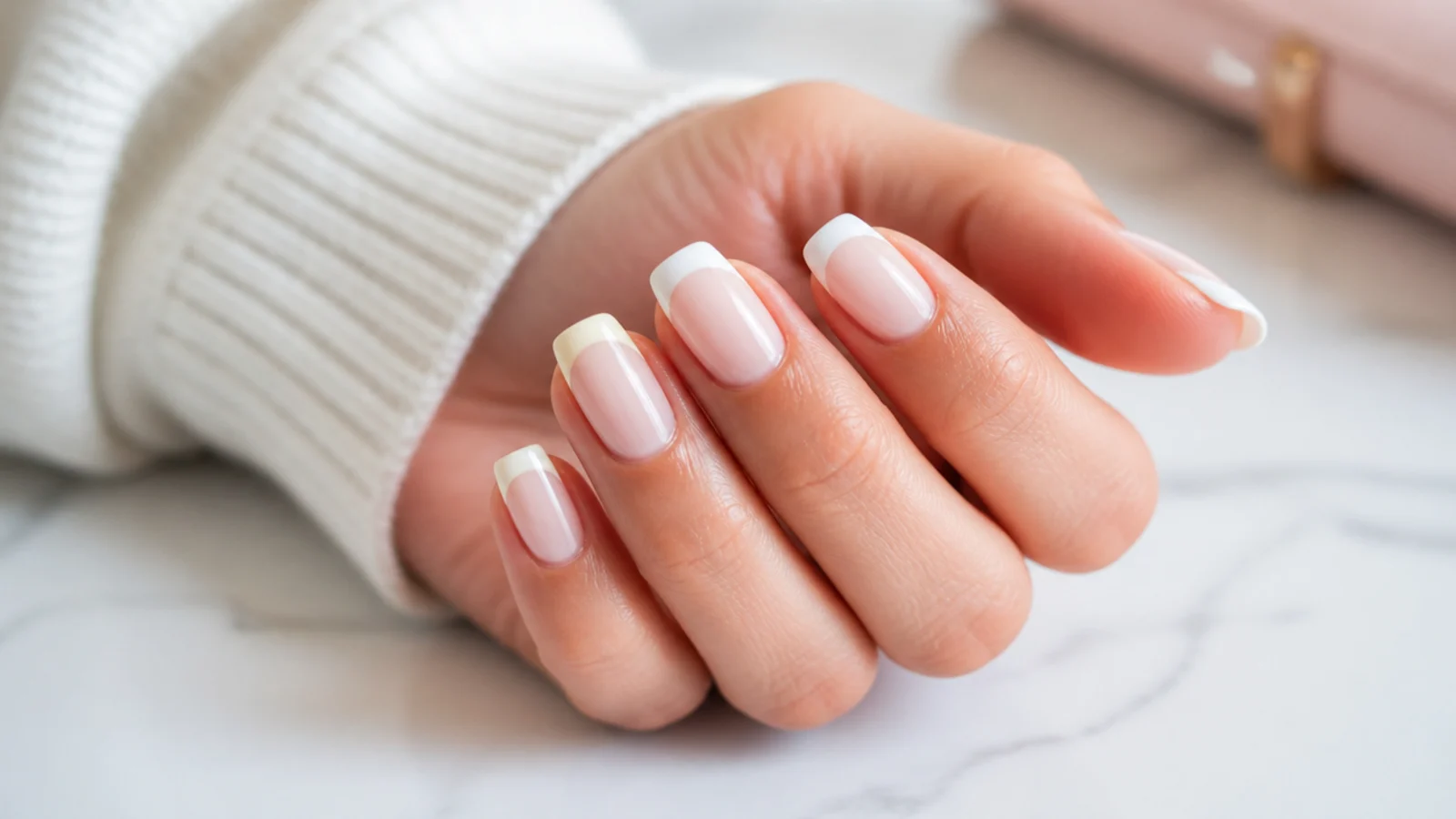 A white French tip nail showing a cream yellow cast next to a fresh white tip