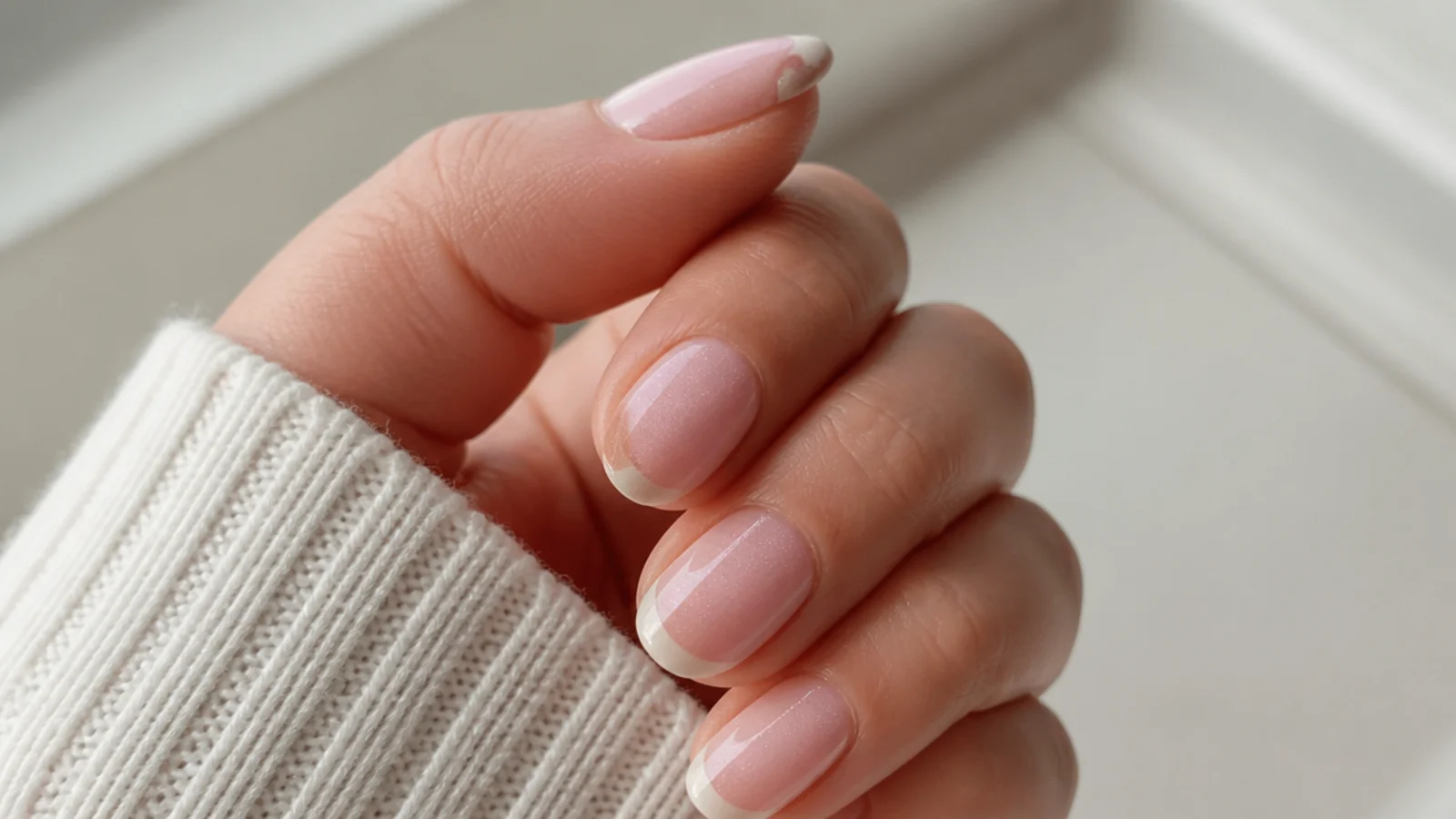 Close-up of a summer manicure showing the free edge chipping before the rest of the nail