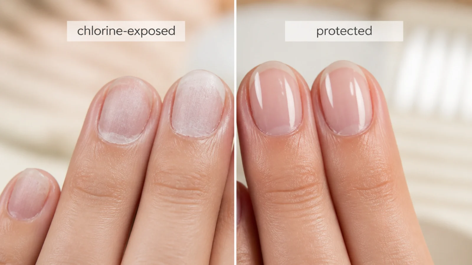 Split image of chlorine-clouded gel and salt-dried nail edges next to protected sealed nails