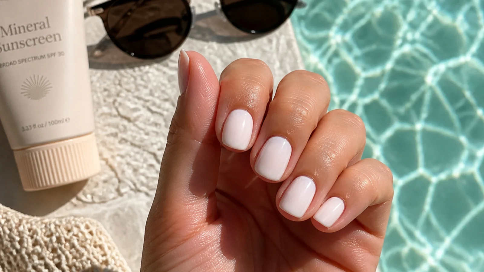 Milky white summer nails sealed with glossy top coat beside pool water and mineral sunscreen