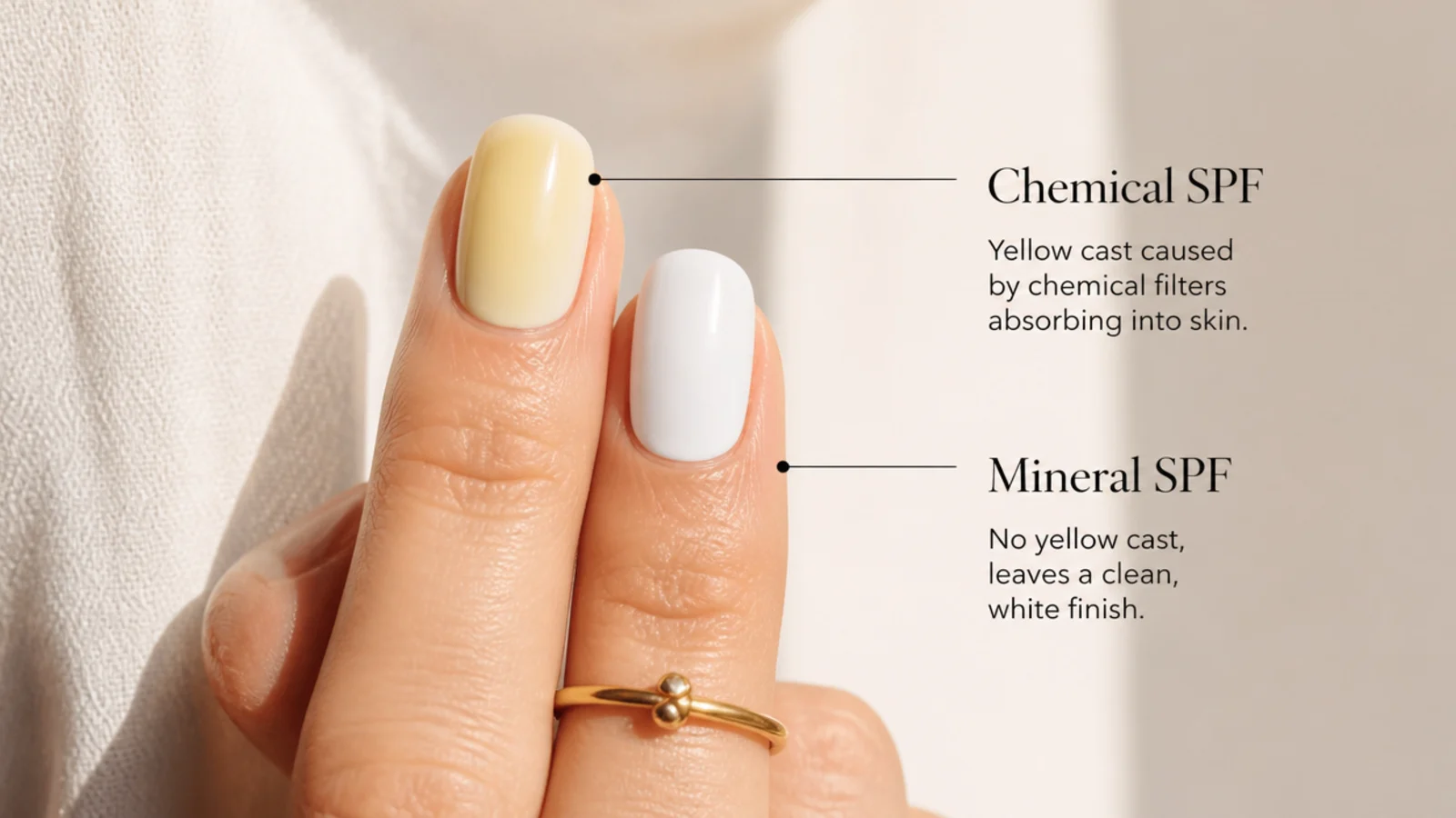 A white nail with a yellow cast beside a clean white nail comparing chemical and mineral SPF