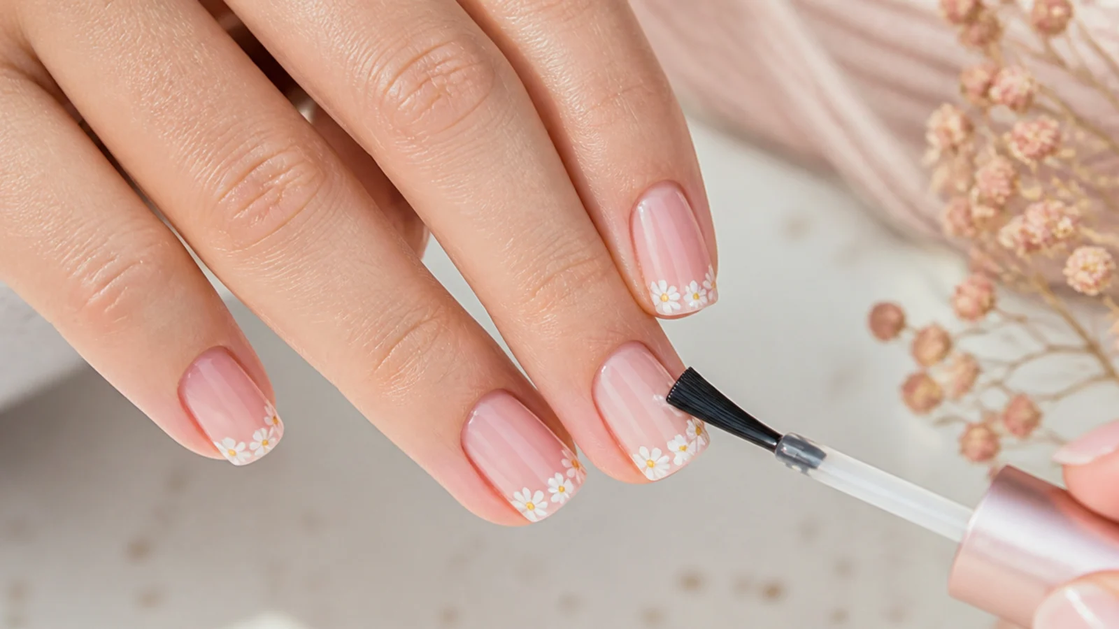 A top coat brush being drawn across the free edge tip of a summer nail to seal it