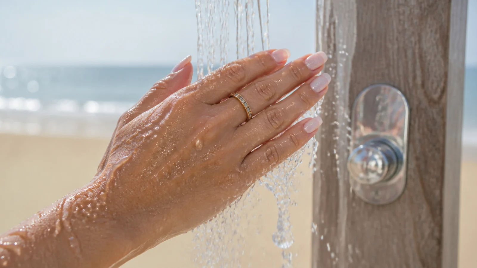 Hands being rinsed under fresh tap water at a beach shower right after swimming