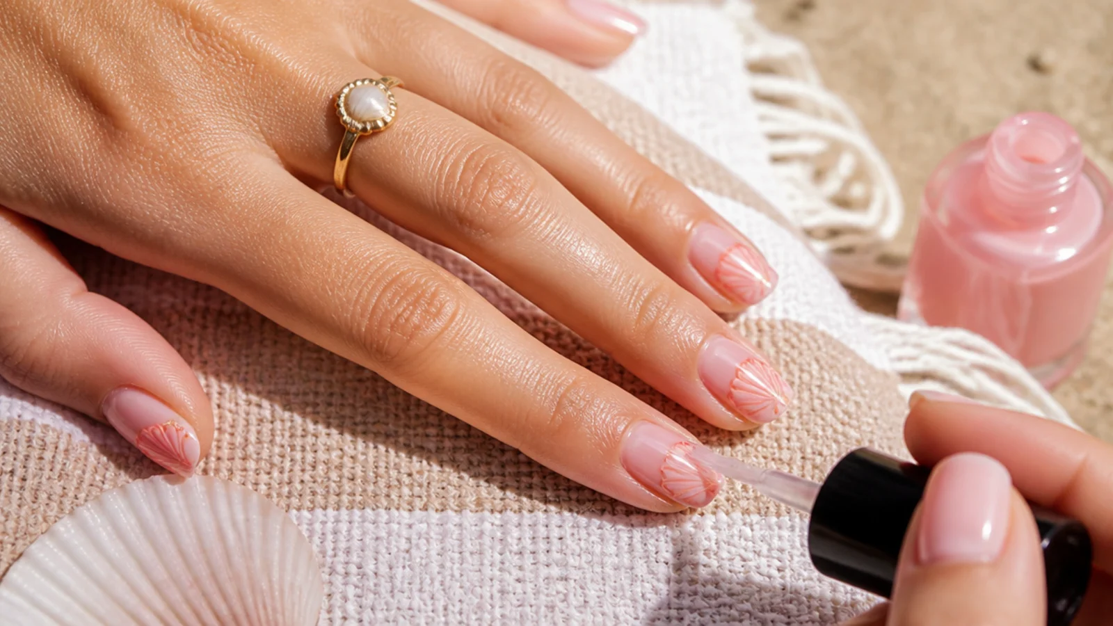 A glossy UV-resistant top coat being reapplied over summer nails on a beach towel