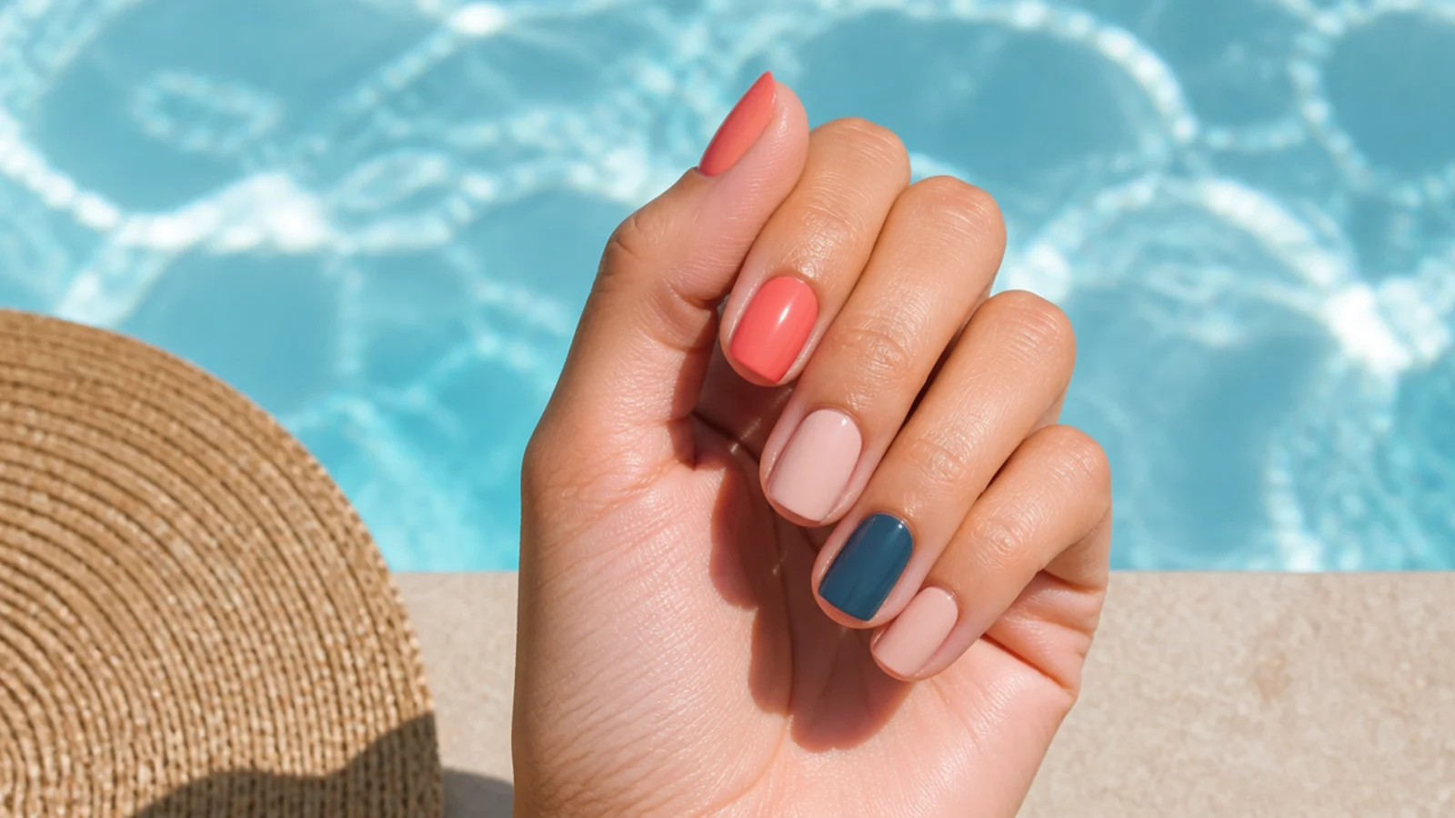 Coral, warm nude and deep teal summer polishes that hide chips beside a pool