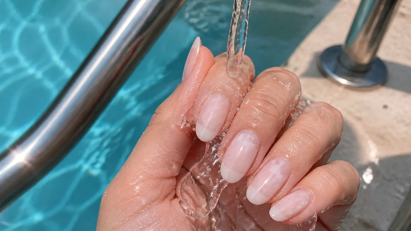Cloudy chlorine residue rinsed off gel nails under fresh water beside a pool ladder