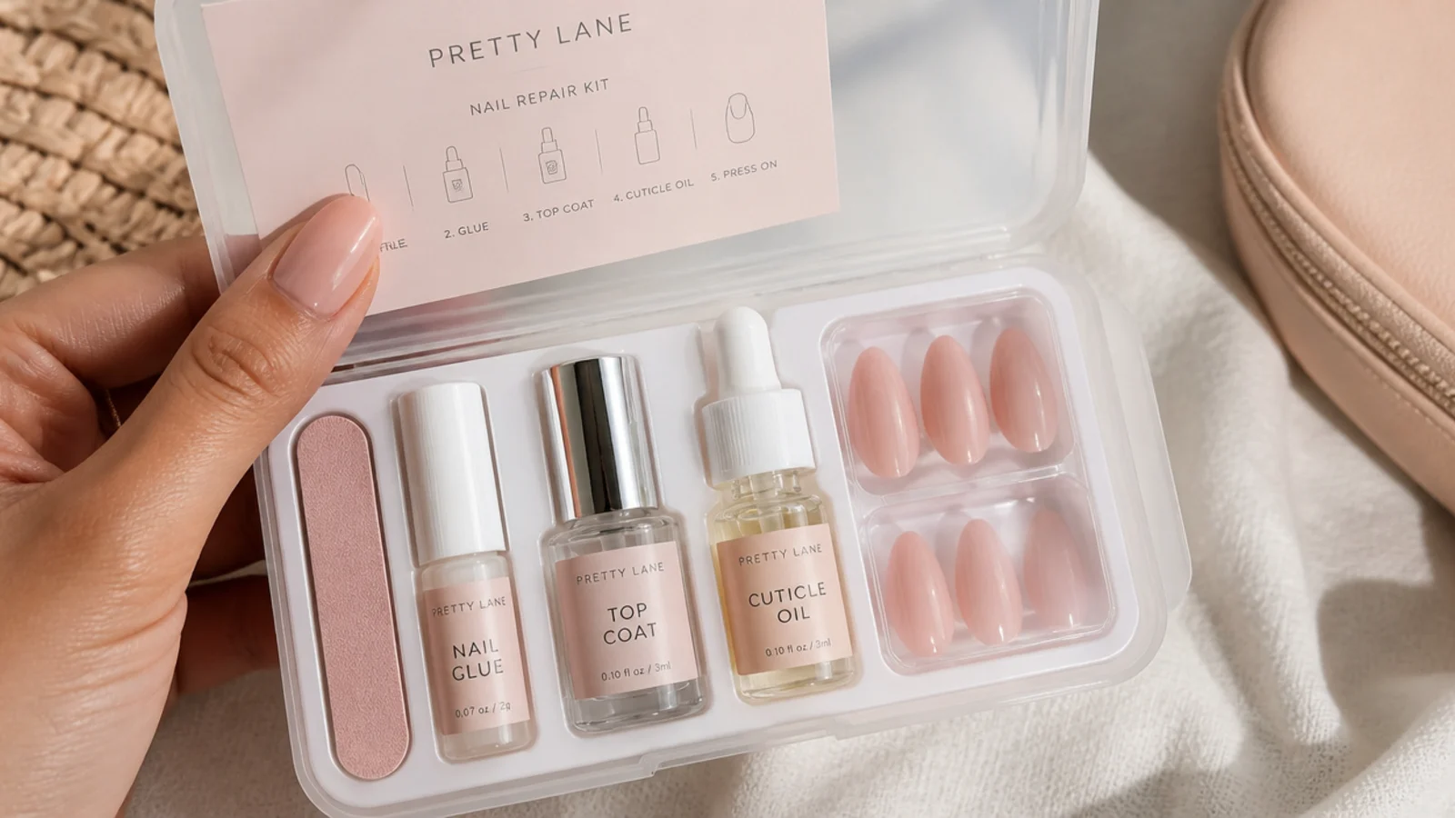 A small travel nail repair kit with mini file, glue, top coat, cuticle oil and extra press-ons