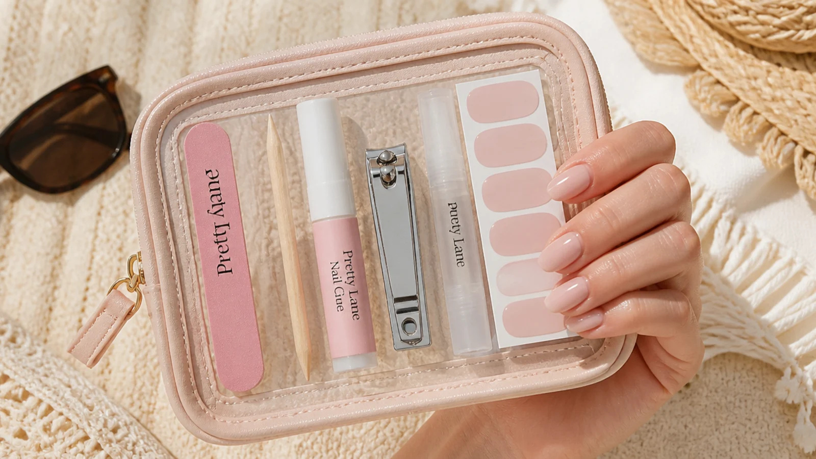 Flat lay of a six item travel nail repair kit in a small zip bag for a beach vacation
